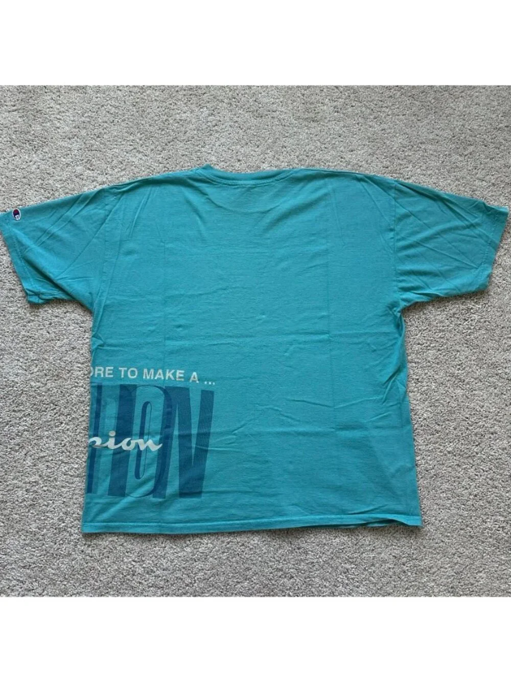 Vintage 90s Champion Logo Big Print T-Shirt Turquoise Blue XL Sporty Athletic - Picture 5 of 6